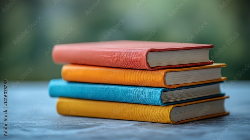 Colorful Stacked Books on a Table with Soft Blurred Background Colorful Stacked Books on a Table with Soft Blurred Background