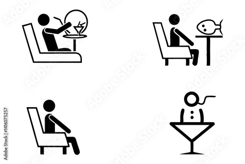 Relaxing underwater cartoon scene with luxurious resort, fish tanks, cozy seating areas, and tranquil oceanic surroundings in line art style