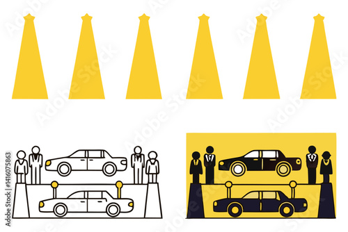 Exclusive gala event cartoon line art with luxury cars, red carpet, and elegant guests in a glamorous celebration