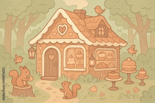 Wallpaper Mural Whimsical Bakery House with Cute Animals, Pastries, and Earthy Tone Palette Torontodigital.ca