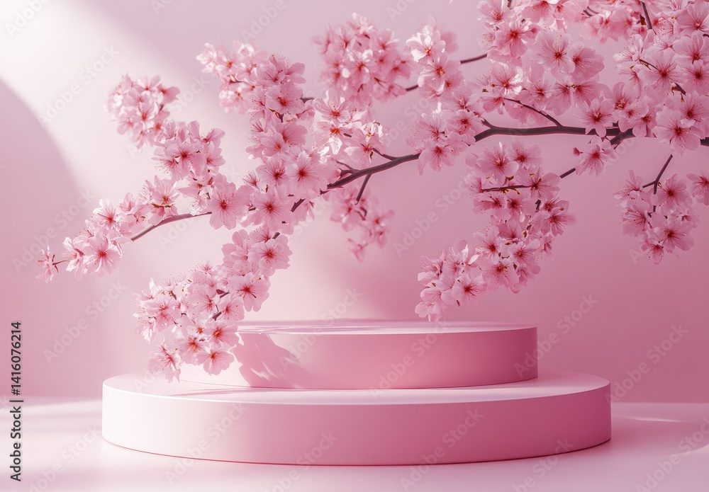 A serene display featuring soft pink circular platforms adorned with delicate cherry blossom branches. creating a tranquil atmosphere ideal for product showcases or artistic presentations A serene display featuring soft pink circular platforms adorned with delicate cherry blossom branches. creating a tranquil atmosphere ideal for product showcases or artistic presentations