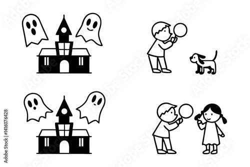 A spooky haunted mansion mystery with two curious siblings and playful ghosts line art
