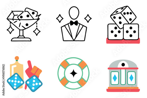Exclusive casino night cartoon line art with glamorous players, glowing dice, and luxury gaming tables in an energetic atmosphere