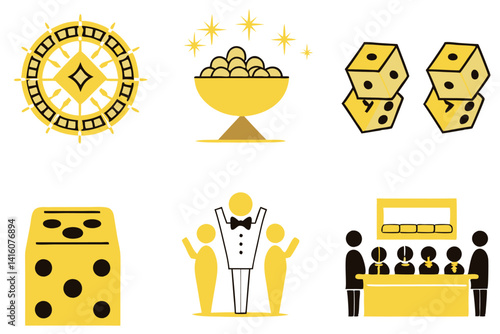 Cartoon line art of a busy luxury casino with stylish gamblers, vibrant lights, and thrilling games like roulette and blackjack