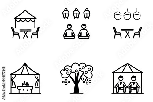 Lavish safari camp line art scene with wildlife, luxury tents, and scenic views, offering an upscale African adventure experience