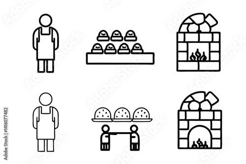 Cartoon bakers preparing fresh bread in a traditional village bakery with a brick oven, showcasing line art icon set of baking equipment, shelves, and delicious products