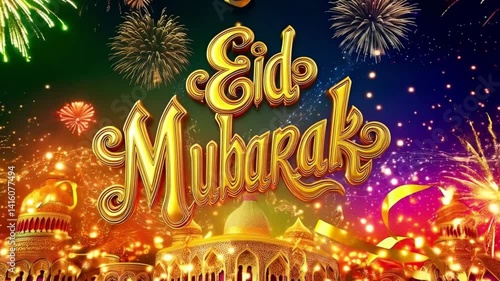 Wallpaper Mural Eid mubarak greeting with golden text and colorful firework display Torontodigital.ca
