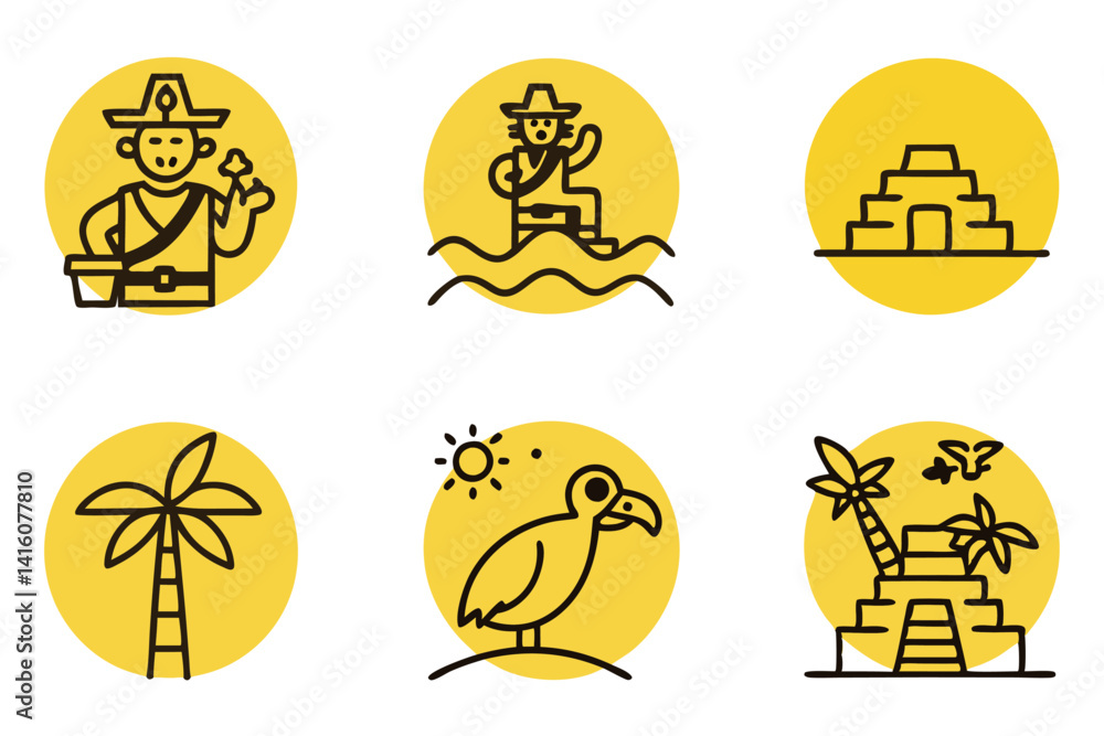Fototapeta premium Fun pirate themed line art icon set featuring pirates, island scenes, treasure, and jungle elements for adventurous and tropical visuals