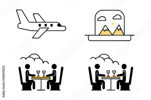 luxury private jet, leather seats, plush cabin, superior comfort, sophisticated travel experience with scenic views line art