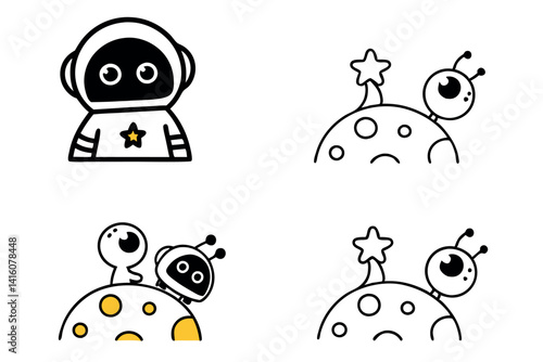 Colorful space adventure with a cartoon astronaut and a quirky alien duo standing on a moon, captured in this cheerful and imaginative line art icon set
