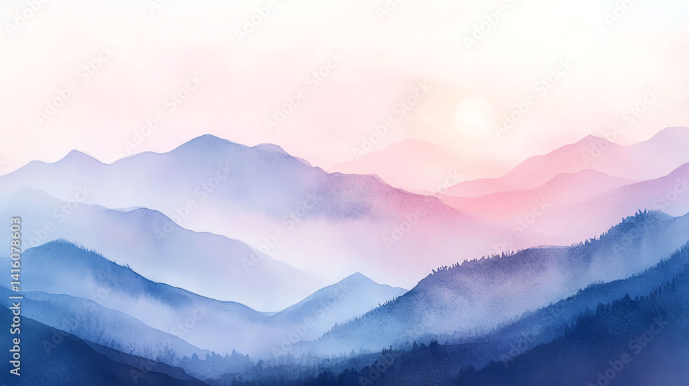 Obraz premium Dreamy Sunrise Mountain Landscape Soft Hues and Misty Peaks