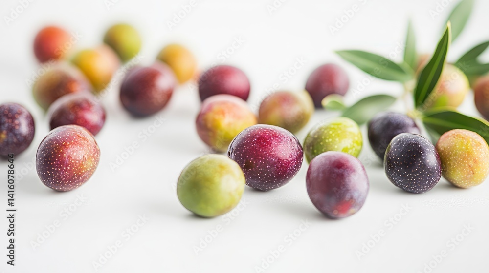 Colorful olives, fresh harvest, white background, branch, food photography Colorful olives, fresh harvest, white background, branch, food photography