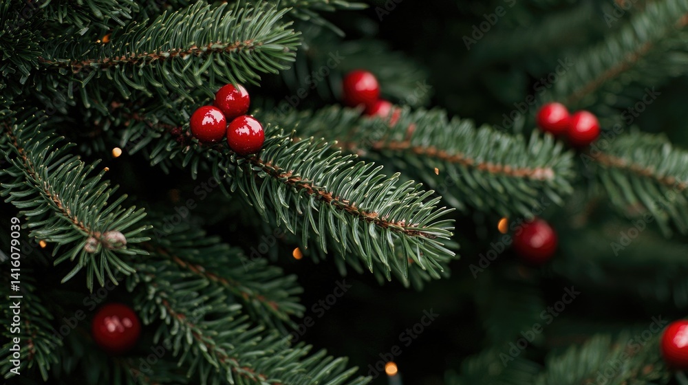 Lush evergreen branches with red berries winter holiday nature background