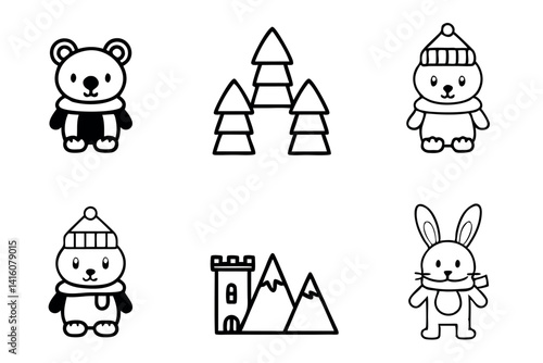 Winter wonderland quest cartoon animals walking through snowy forest with mountains, castle and trees in playful seasonal line art icon set illustration