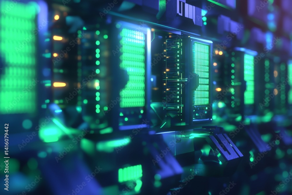 Futuristic server rack with glowing components. Detailed close-up view of interconnected circuit boards with vibrant green and blue light effects. High-tech design with intricate details Futuristic server rack with glowing components. Detailed close-up view of interconnected circuit boards with vibrant green and blue light effects. High-tech design with intricate details