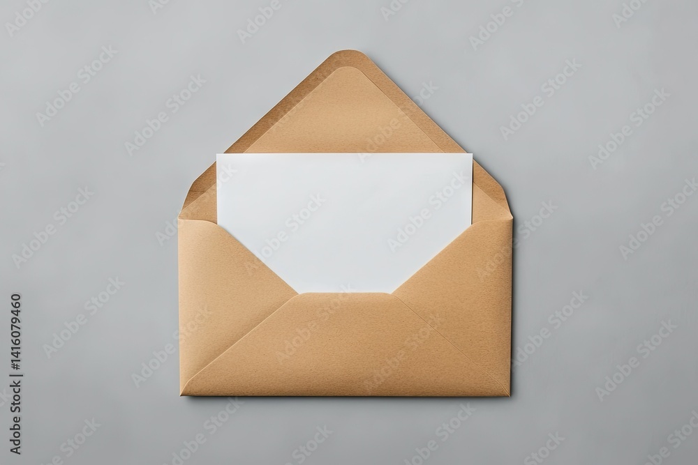 A stylish. open golden envelope revealing a blank white letter. set against a minimalist gray background. ideal for invitations. announcements. or personal messages A stylish. open golden envelope revealing a blank white letter. set against a minimalist gray background. ideal for invitations. announcements. or personal messages