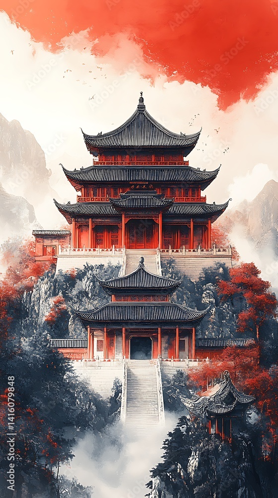 Obraz premium Majestic Chinese Pagoda Photo Temple Architecture Amidst Mountains And Mystical Fog