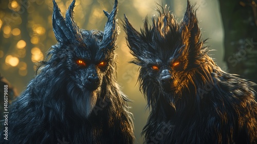 Mysterious creatures loiter in a forest during twilight, showcasing an otherworldly presence and intriguing details