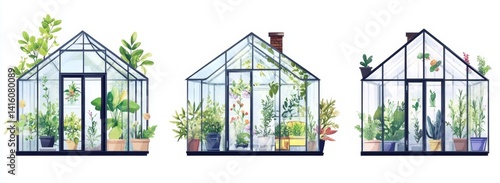 Three Elegant Glasshouses Filled with Lush Plants