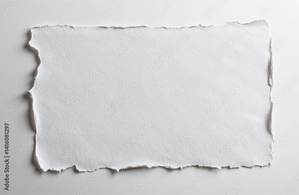 A blank. torn-edge sheet of textured white paper lying flat on a neutral background. ideal for creative projects. invitations. or artistic displays A blank. torn-edge sheet of textured white paper lying flat on a neutral background. ideal for creative projects. invitations. or artistic displays