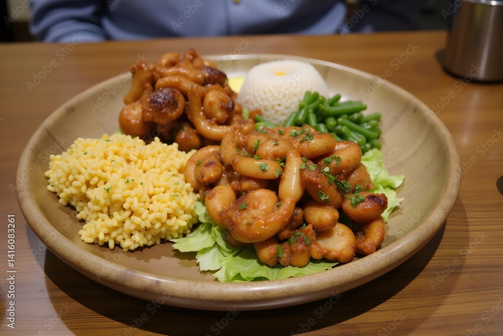 Fototapeta premium Traditional Asian street food served on a wooden plate with authentic flavors