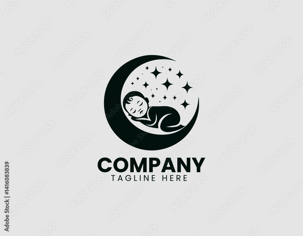 Obraz premium Sleeping Baby Silhouette Crescent Moon Stars Vector Logo Design