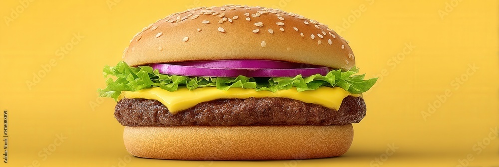 Perfectly assembled burger with lettuce onion patty and smooth bun in clean yellow studio background showcasing balance structure and visual appeal in gourmet food