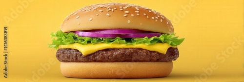 Obraz na płótnie Perfectly assembled burger with lettuce onion patty and smooth bun in clean yellow studio background showcasing balance structure and visual appeal in gourmet food w salonie
