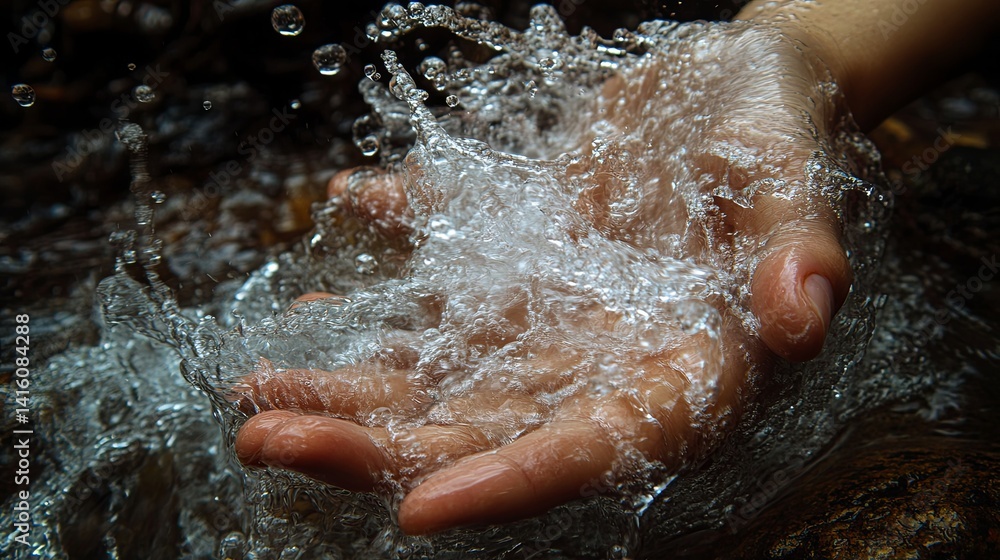 Fototapeta premium Capturing the beauty of water splashing from a hand in a serene outdoor setting during daylight