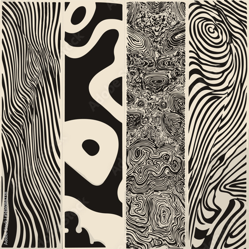 Abstract vector illustration with flowing black and white lines, organic shapes, and intricate patterns in four vertical panels, evoking movement, depth, and a modern optical art style.