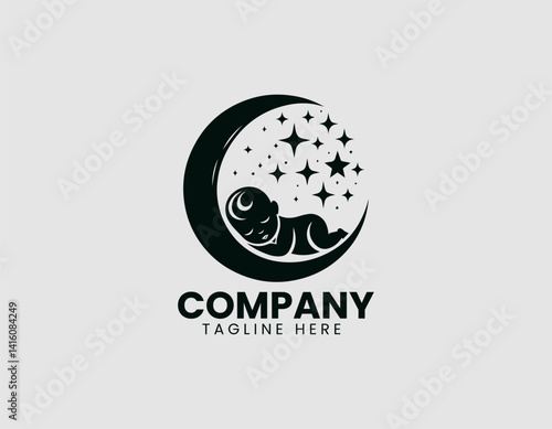 Sleeping Baby Silhouette Crescent Moon Stars Vector Logo Design