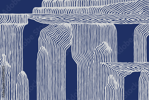 Hand drawn brush lines abstract waterfall background, Japanese and ethnic wood carving, engraving texture graphic, simple graphic for textile, carpet, decoration