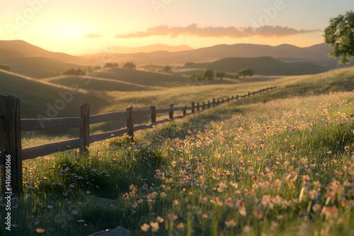 A scenic vista of rolling hills and a wooden fence at sunset with a field of wildflowers in the foreground