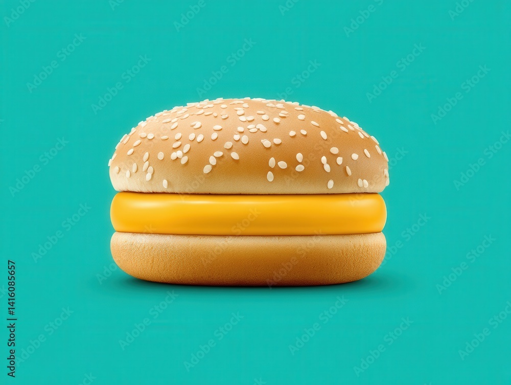 Abstract fastfood composition featuring two burger buns stacked against turquoise background symbolizing minimalist conceptual food design in vibrant palette and 3d visual composition format