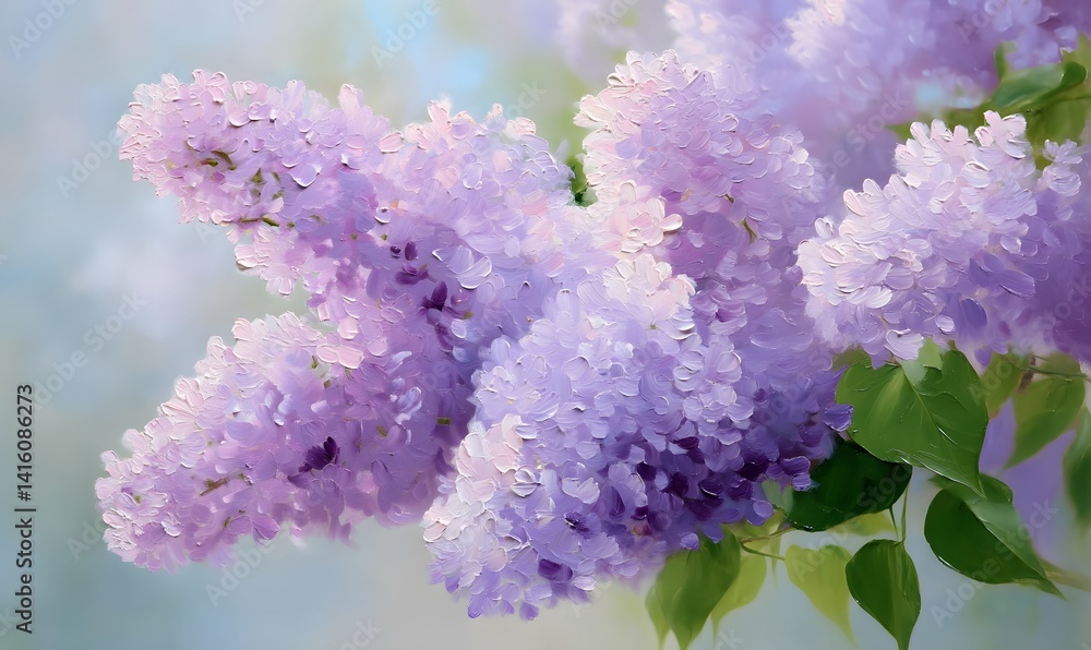 Large clusters of lilacs in full bloom, oil painting style, Generative AI Large clusters of lilacs in full bloom, oil painting style, Generative AI