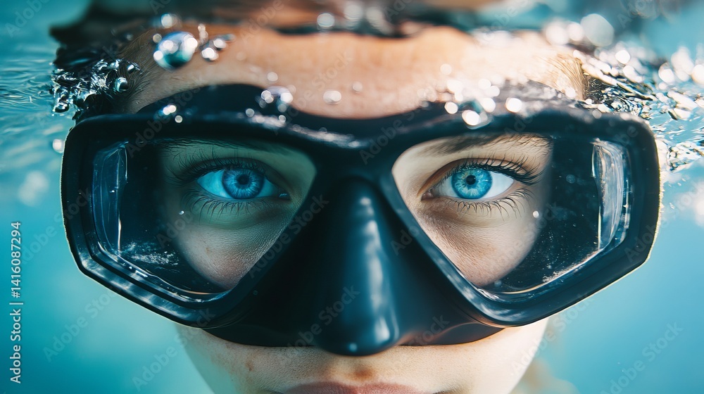 Underwater Woman Diving Mask Blue Eyes Ocean View Girl Face Scuba Sport Summer Nature Travel Closeup Underwater Woman Diving Mask Blue Eyes Ocean View Girl Face Scuba Sport Summer Nature Travel Closeup