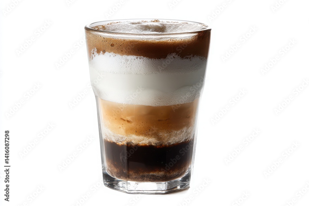 Layered coffee drink with distinct layers of coffee, milk, and foam in clear glass isolated on clean white background for beverage photography Layered coffee drink with distinct layers of coffee, milk, and foam in clear glass isolated on clean white background for beverage photography