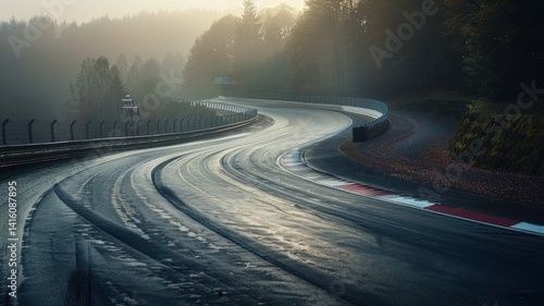 Capture the dramatic essence of Eau Rouge corner at Spa during a misty morning. The winding track reflects the serene, fog-laden landscape, evoking a sense of speed.