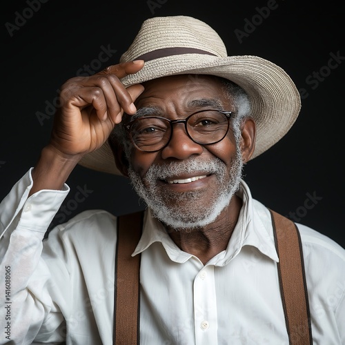 Elderly black man wearing suspenders and a hat tipping the hat