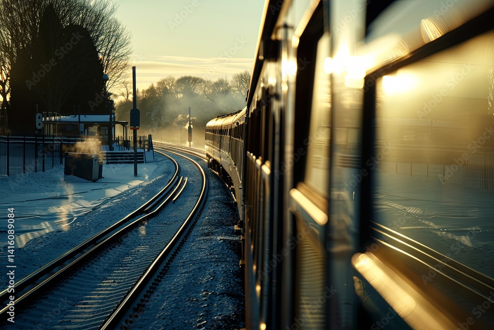 Fototapeta premium Train journey at sunrise along snowy tracks with steam rising from the station