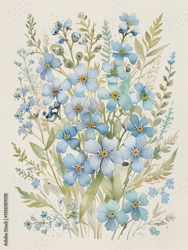 Vintage Romantic Watercolor Floral Pattern with Soft Edges, Gentle Gradients, Organic Swirling Lines, and Minimalist