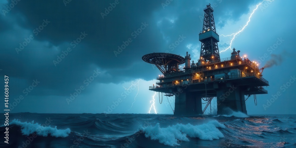 Obraz premium Offshore Oil Rig Braving a Furious Storm at Sea