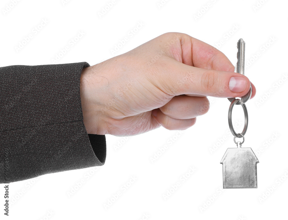 Real estate agent holding key with house shaped keychain on white background, closeup Real estate agent holding key with house shaped keychain on white background, closeup
