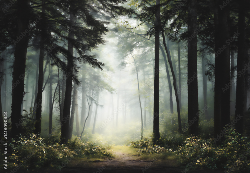 Fototapeta premium a mystical forest scene with tall trees and soft lighting, creating an ethereal atmosphere