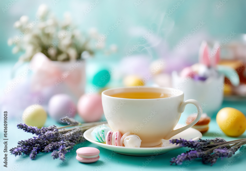 Fototapeta premium a photo of an easter-themed tea party with pastel-colored decorations, lavender sprigs