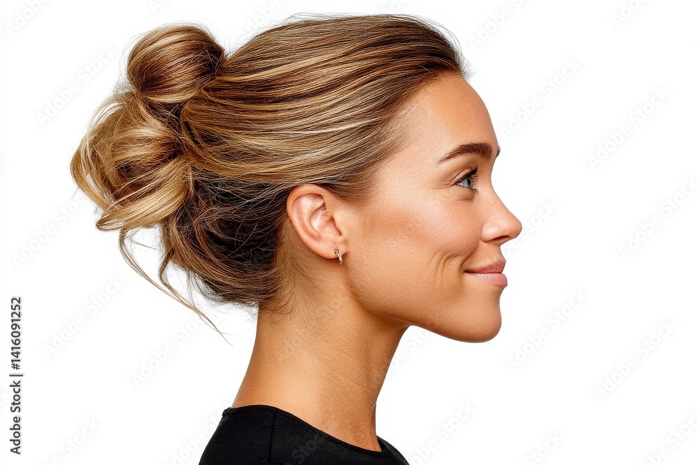 Side profile view of smiling young woman with smooth blonde bun hairstyle glowing skin and positive expression against clean background in isolated minimalist style portrait format stock image Side profile view of smiling young woman with smooth blonde bun hairstyle glowing skin and positive expression against clean background in isolated minimalist style portrait format stock image