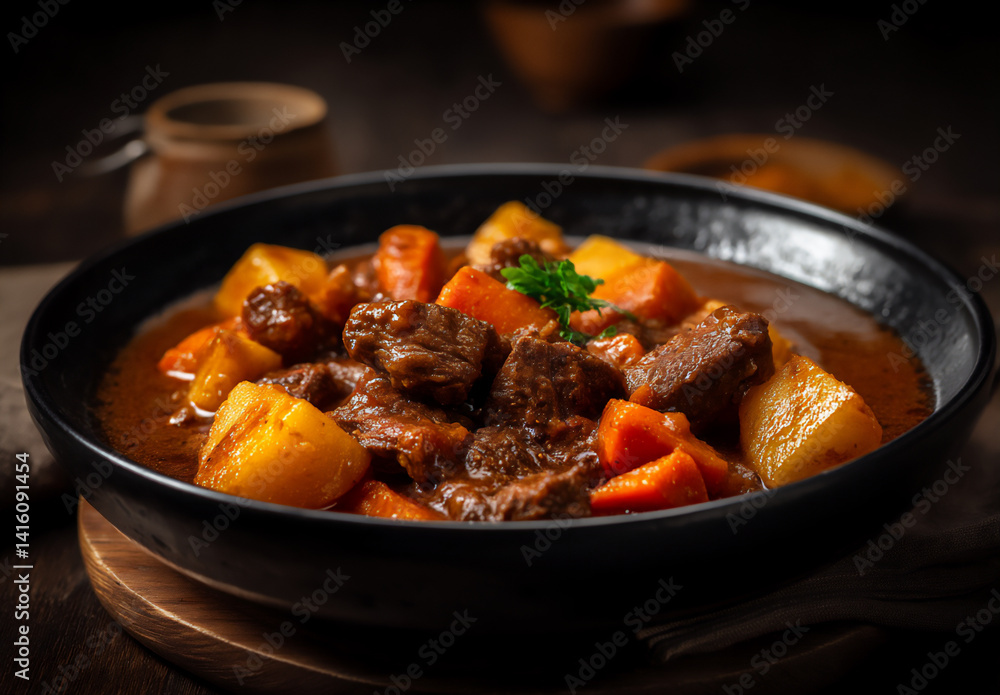 a photograph of a traditional beef stew with potatoes and carrots a photograph of a traditional beef stew with potatoes and carrots