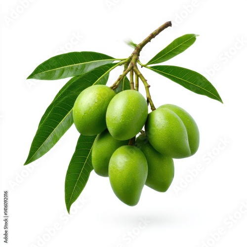 Wallpaper Mural Green mangoes hanging on branch on white background Torontodigital.ca