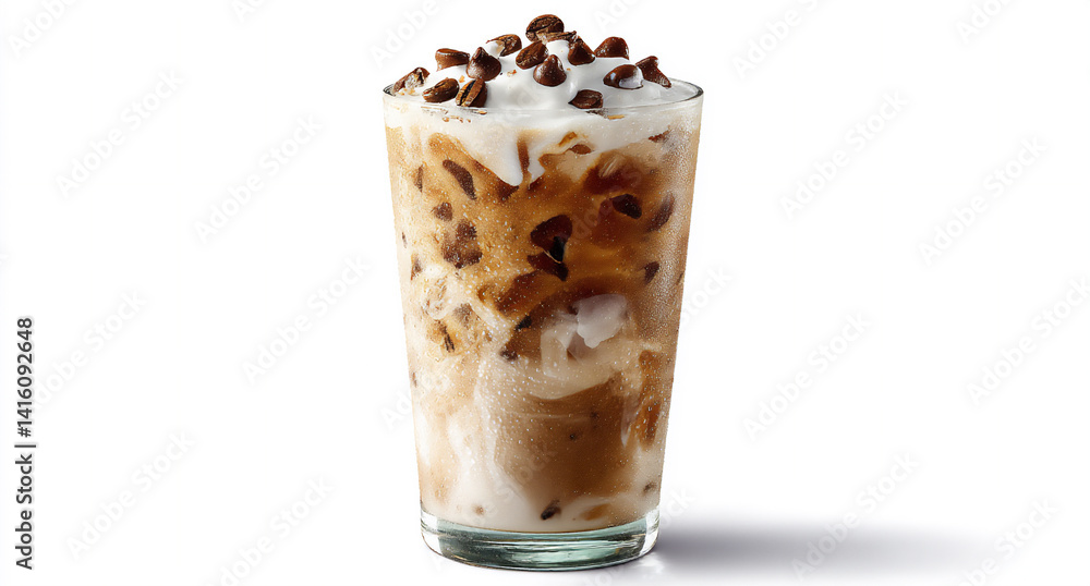 a realistic photograph of an iced coffee with cream and chocolate chips, against a white background a realistic photograph of an iced coffee with cream and chocolate chips, against a white background