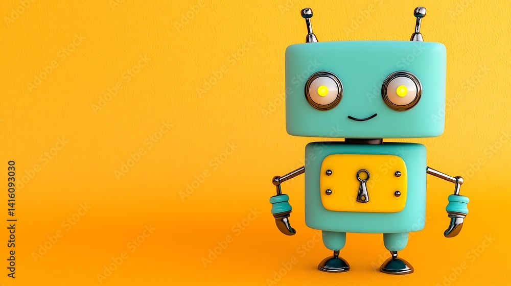 Naklejka premium Cheerful Robot Character with Lock Feature on Vibrant Yellow Background